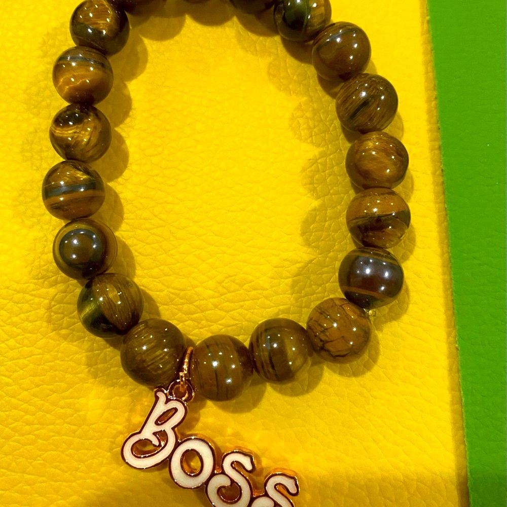 Brown Beaded Bracelet with 'Boss' Charm